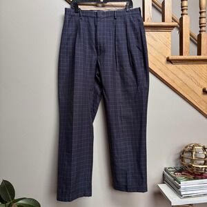 VTG Polo Ralph Lauren Mens Plaid Pleated Dress Pants Navy Size 35x30 Cotton
